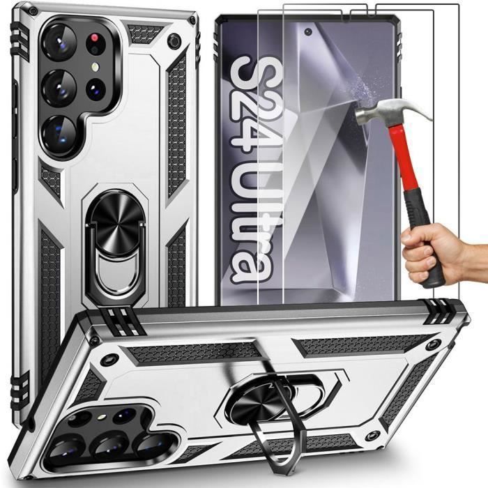 Coque - Booling - pour Samsung Galaxy S24 Ultra - Argenté - Protection Antichoc - Anneau support + 2 Verres