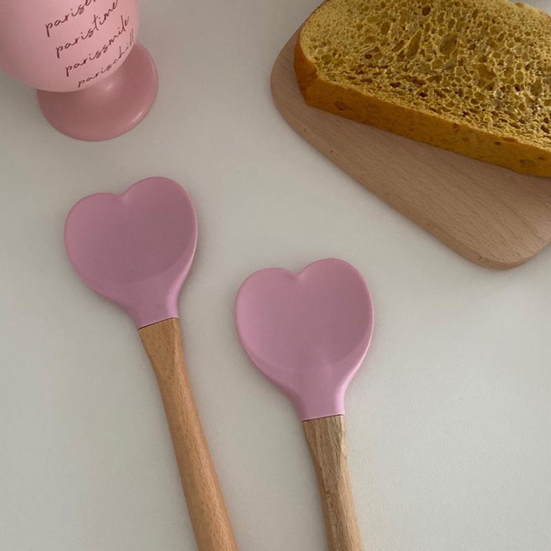 Valentine'S Day Pink Love Silicone Spatula Heart-Shaped Wooden Handle Baking Spatulas Kitchen Utensils Making Cake Baking Tool
