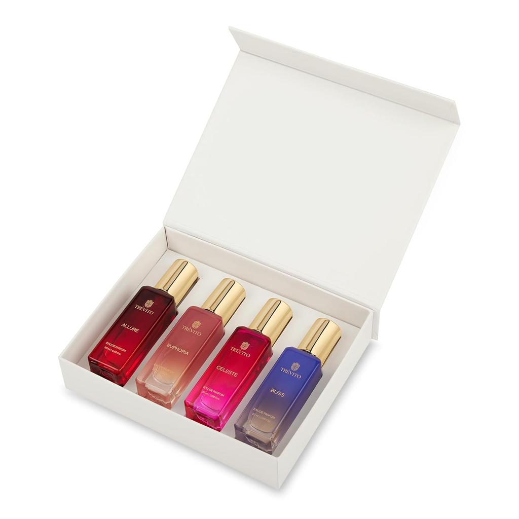 Parfüm-Geschenkset für Damen | 4 x 20 ml | Blumige, fruchtige und warm-süße Düfte | Premium-Duftset für den täglichen Gebrauch, das Büro, Partys und zum Verschenken |