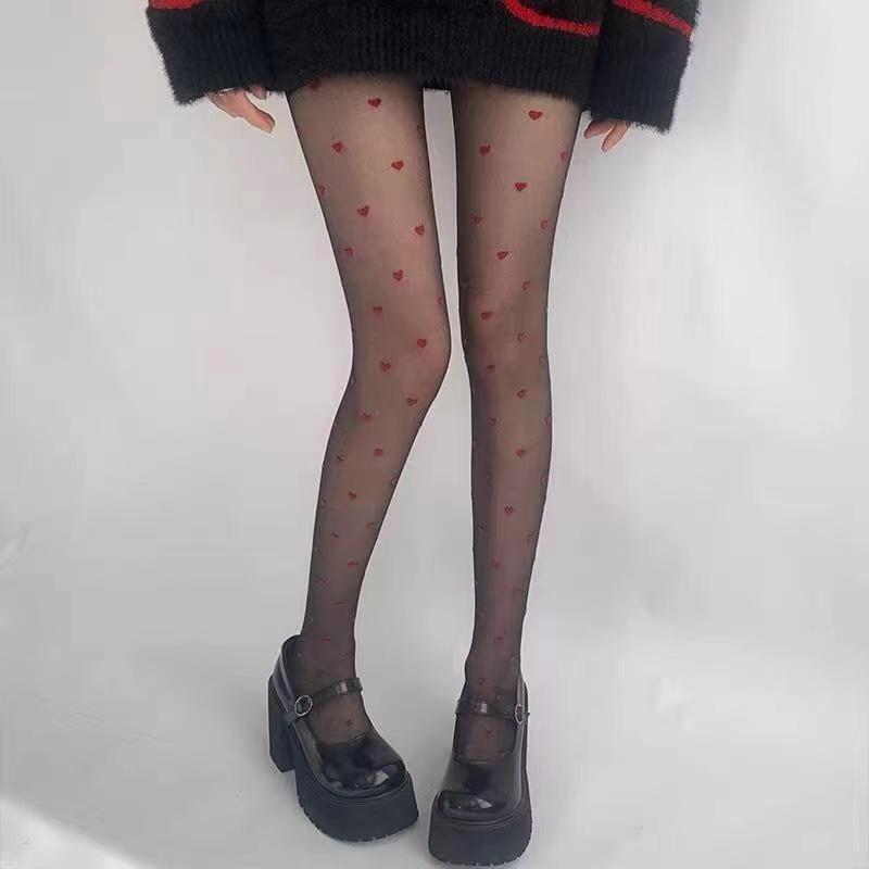 Pantyhose Woman Ultra Thin Red Heart-shaped Dots Sexy Stockings Breathable Comfortable Long Black Stockings for Women