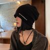 Letter Black Stack Hat Women's Autumn and Winter Leisure Big Head Circumference Showing Face Small Bag Head Cold Hat Warm Confinement Hat