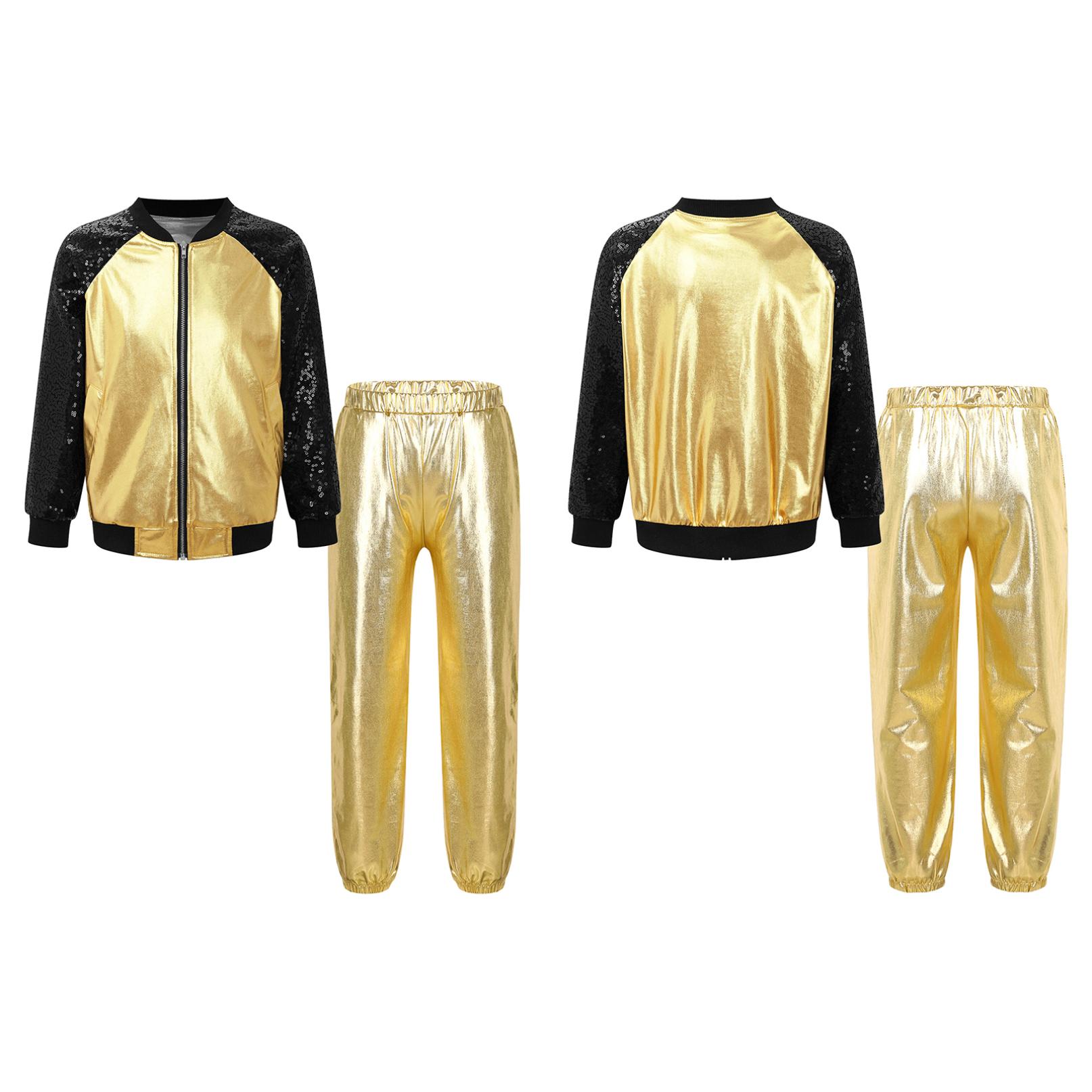 

Діти Хлопчики Дівчата Джаз Хіп-хоп Танцювальні костюми Блискучий металік з довгими рукавами Бомбер і комплект спортивних штанів 5-6 Years золотий