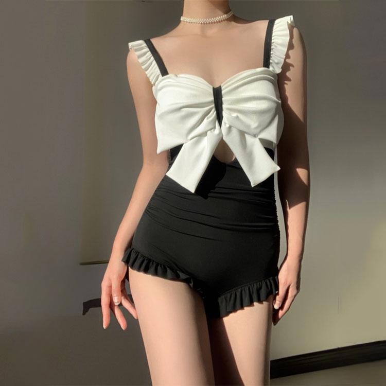 Bow Swimming Suit Women's Spa One-piece Swimwear South Korea Ins Obscure Belly Showing Thin Halter Sexy Beachwear