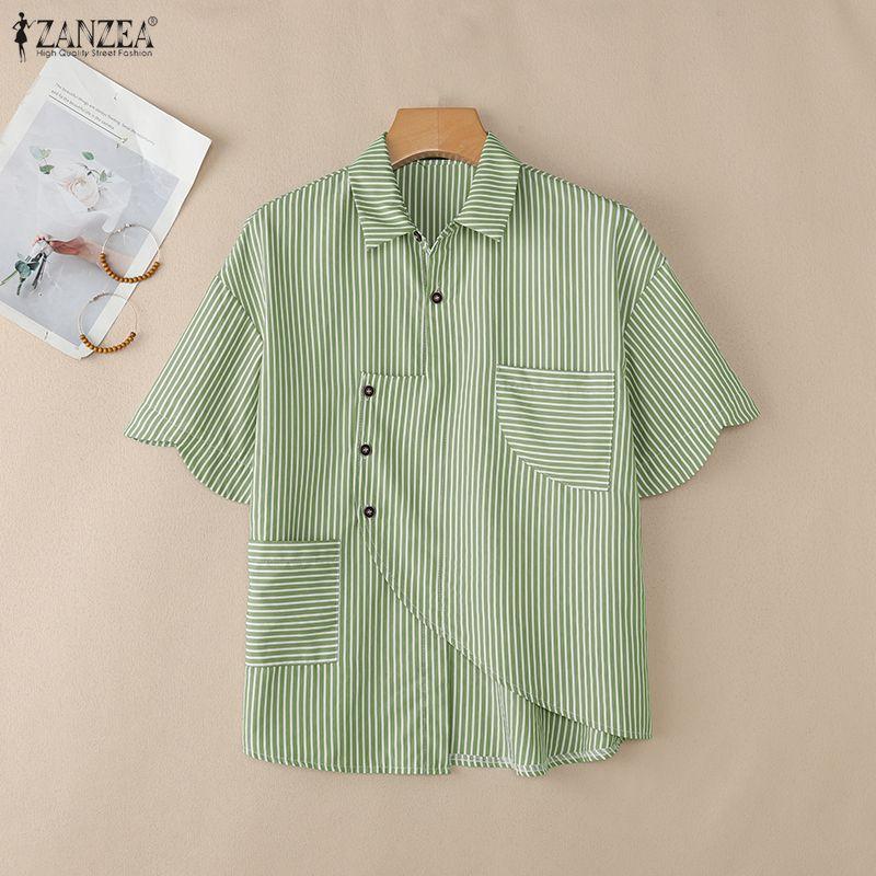 ZANZEA Women Casual Turn Down Collar Loose Short Sleeve Stripe Blouse