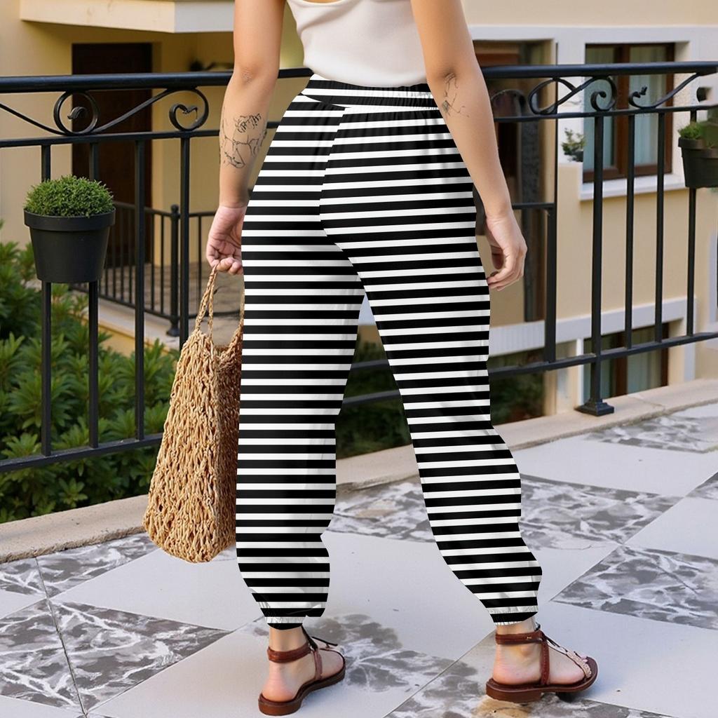 Women's Casual Striped Sweatpants with Drawstring Elastic Waist and Cuffed Hem