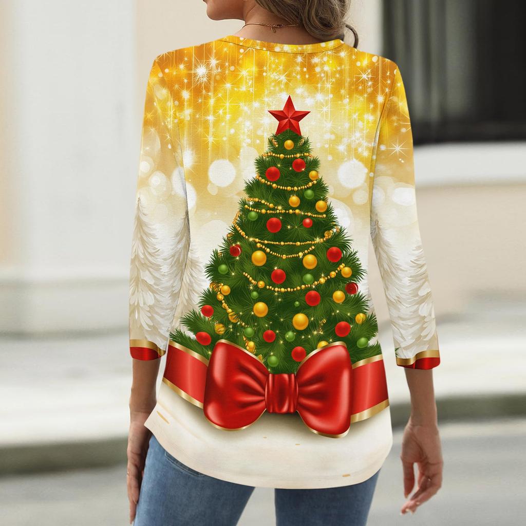 Women's Casual Christmas Print V-Neck Button Three-Quarter Sleeve T-Shirt