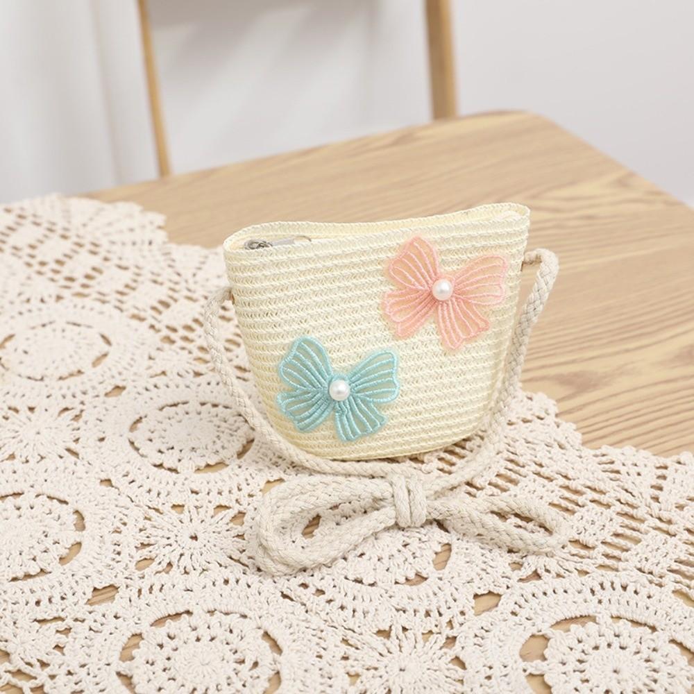 Wide Brim Straw Bag Cap Set Pearl Bow Style Sun Hat Sunscreen Sunshade Hat  for 2-8 Years Kids
