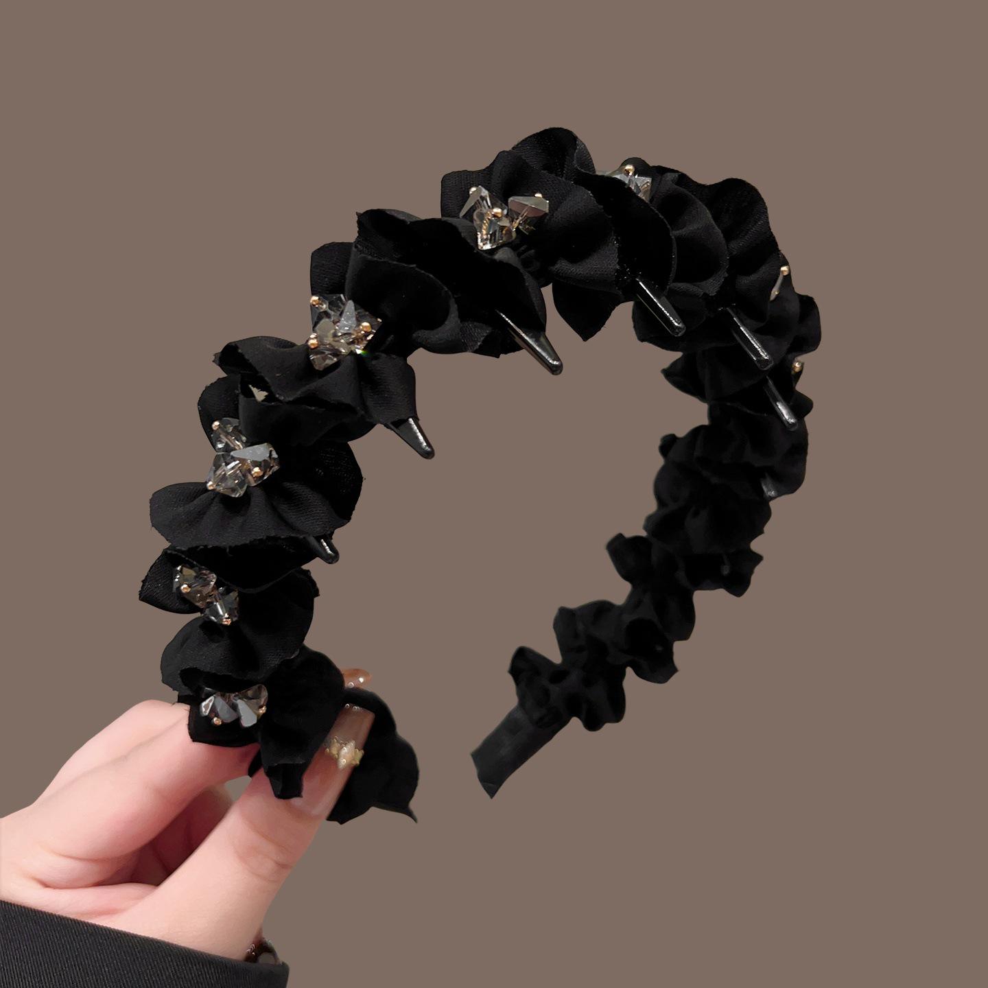 

Высококачественная черная плиссированная повязка на голову со стразами для женщин - 2025 Нескользящий обруч для головы с высокой короной и зубцами