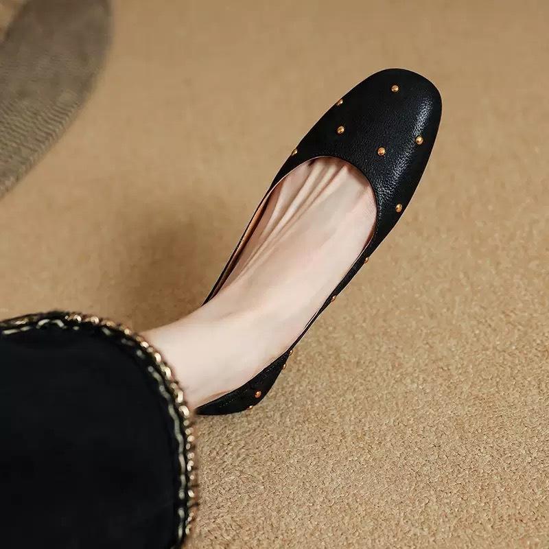 

Super soft sheepskin~ French single shoes women s flat-soled rivets black shoes soft-soled ballet evening shoes Mary Jane shoes 35