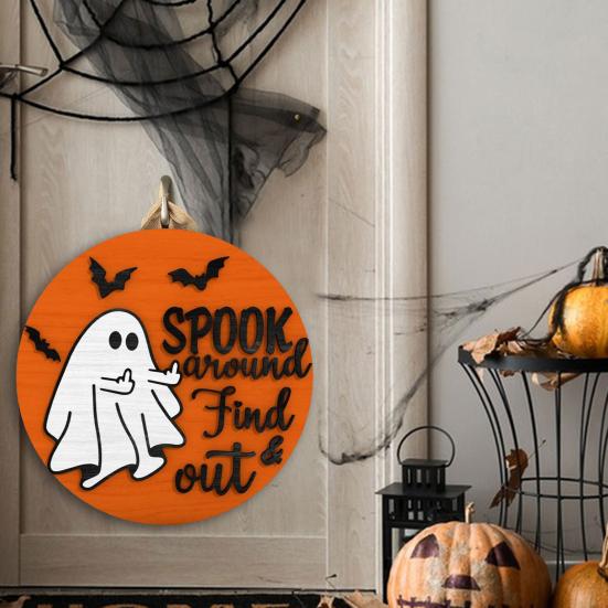 Halloween Ghost Door Sign Spook Around Find Out Welcome Sign Front Porch Hanging Wooden