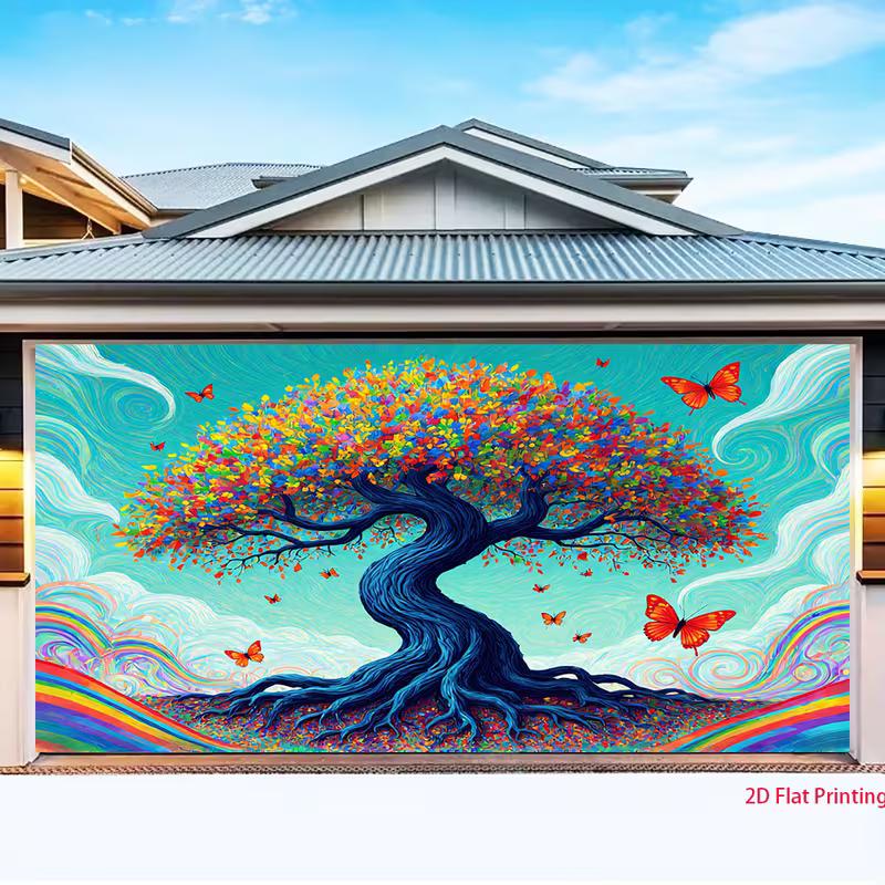 2D Dreamy Tree of Life Backdrop with Multicolor Leaves & Butterflies for Art Events