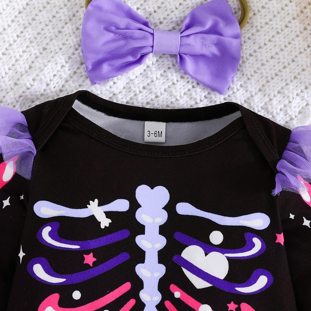 2025 European Style Girls' Halloween Skeleton Print Outfit with Headband and Gauze Skirt