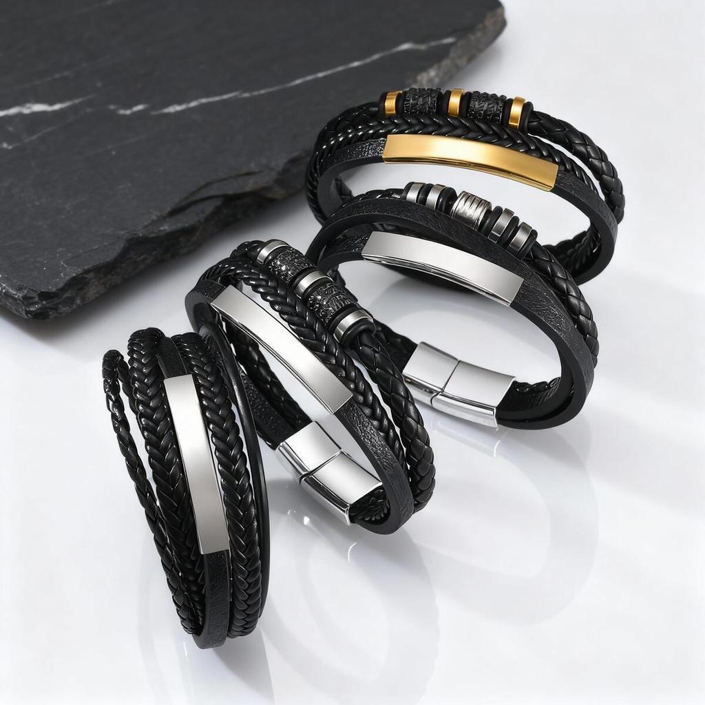 Black Multi Layers Leather Bracelet for Men,Metal Tube Charm Handmade Braided Rope Leather Bracelet,Gift for Husband Dad Son