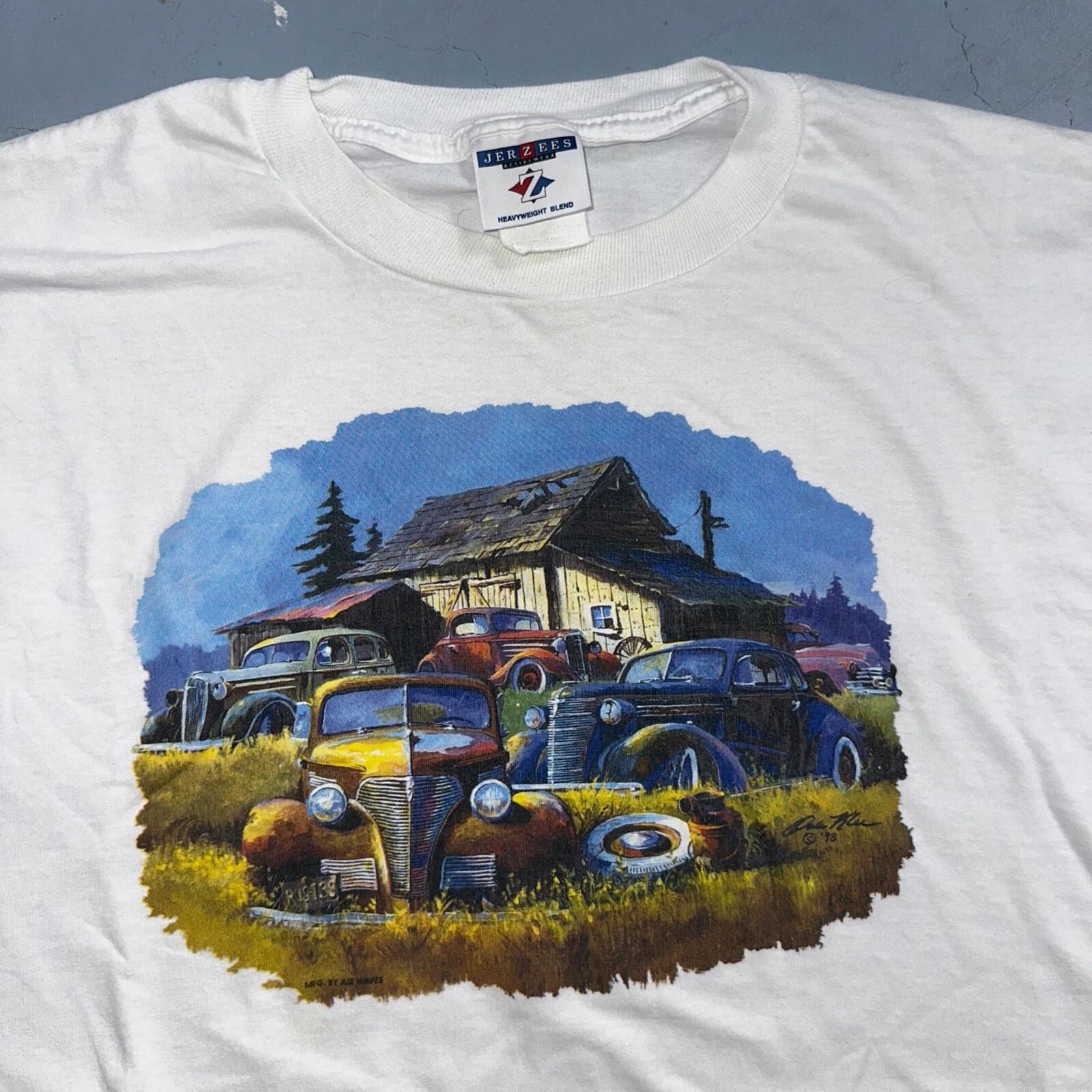 Antique Cars Farm House VTG T Shirt Jerzees Fun Grandpa Core Racing Y2K White 2XL