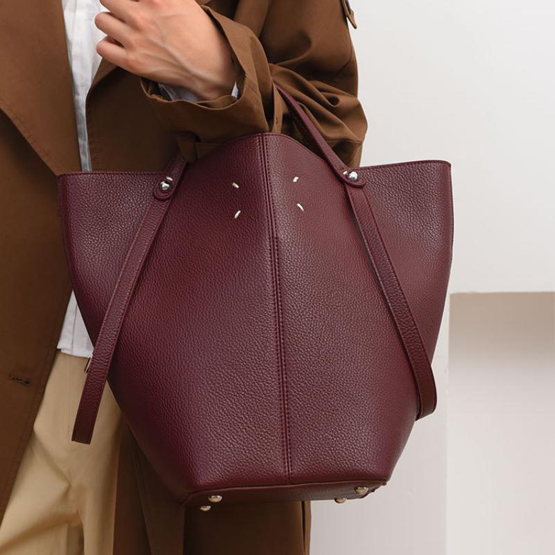 2025 New Fashion Margiela Portable Bucket Bag High-end Lychee Pattern Large Capacity Women's Basket Bag Autumn Winter Trendy PU Leather Big Tote Bag