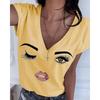 Women Causal Short Sleeve Eye Lip Print Graphic Tee Shirts Plus Size V Neck Plus Size Tshirts Tops Fashion Cute Funny Blouse Shirts