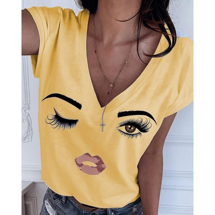 Women Causal Short Sleeve Eye Lip Print Graphic Tee Shirts Plus Size V Neck Plus Size Tshirts Tops Fashion Cute Funny Blouse Shirts