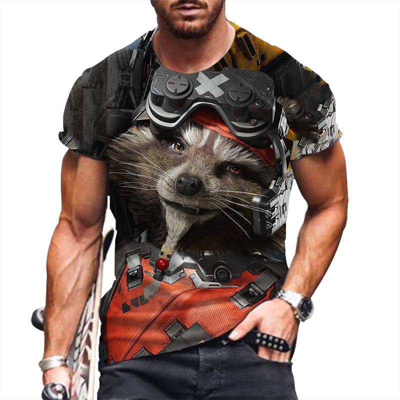 T-Shirt mit 3D-Buchstabendruck für Herren, Tier-T-Shirts, Wolf, große Größe, kurzärmelig, lässiges Oberteil für Herren