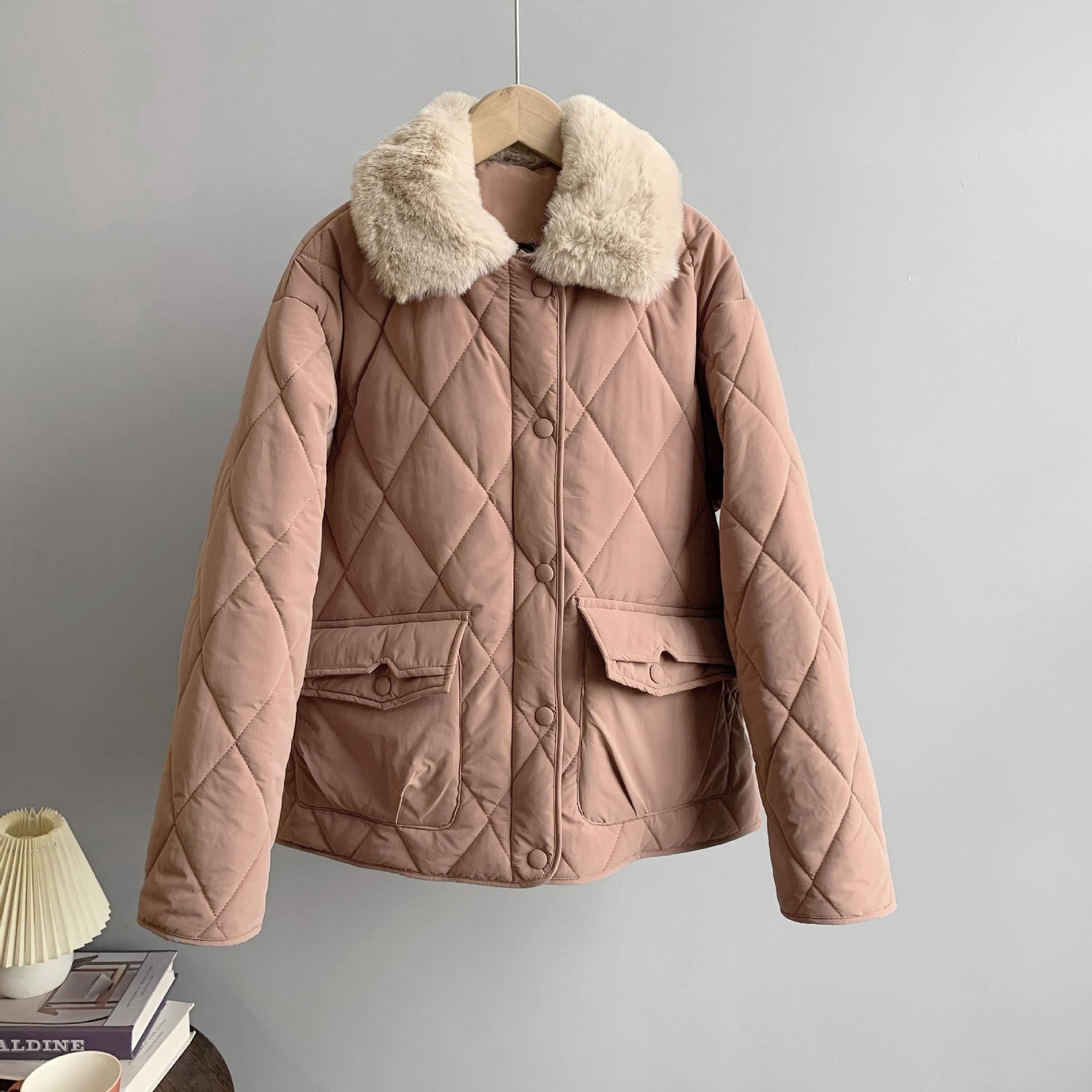 

Женское зимнее пальто с меховым воротником и длинным рукавом, однотонное универсальное теплое пальто для дам, модная свободная шикарная куртка на молнии L розовый