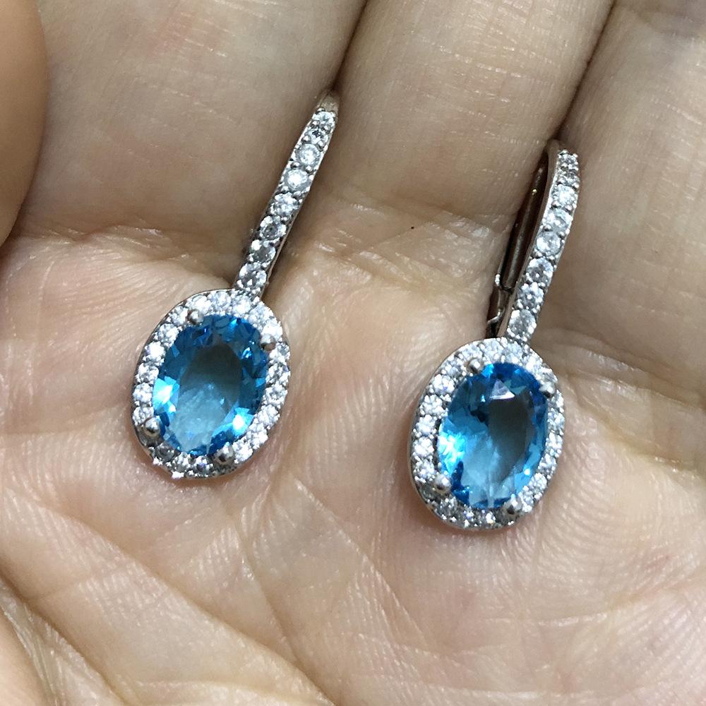 Exquisite White Gold-Plated Copper Earrings with Sea Blue Oval Cubic Zirconia Studs for Women