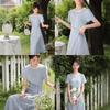 Oxygen French Style Blue Cinched-Waist Summer Dress - Women's Short-Sleeve, Fitted Long Skirt