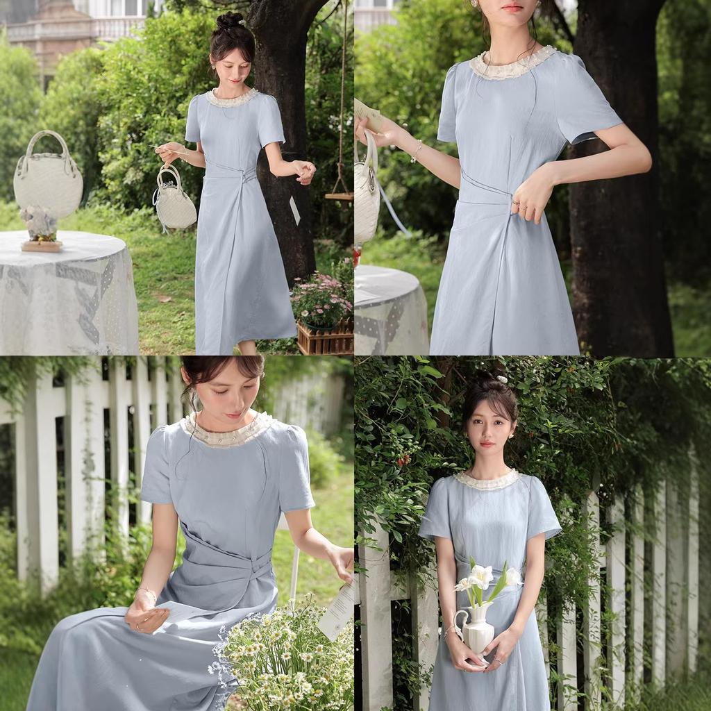 Oxygen French Style Blue Cinched-Waist Summer Dress - Women's Short-Sleeve, Fitted Long Skirt