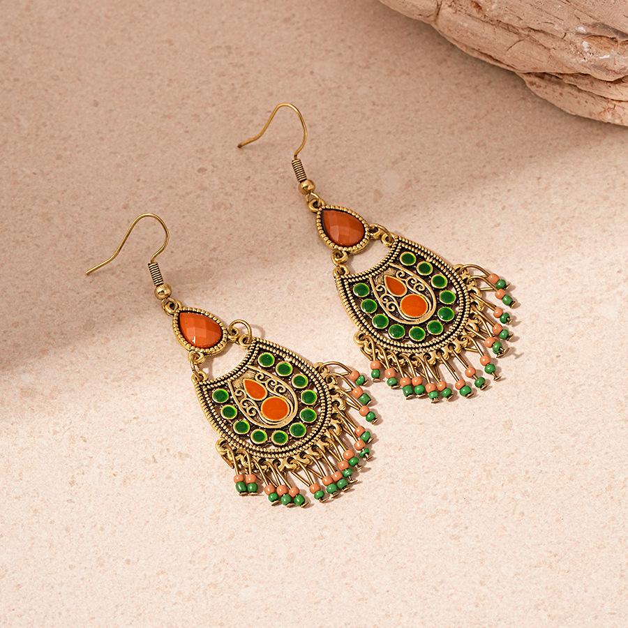 Oleoresin Water Drop Rice Beads Tassel Ear Hook Earrings Ethnic Style