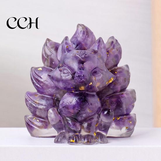 Nine-tailed Fox Ornament Natural Stone Foxes Figurine Positive Healing Energy Hand-carved Colorful Faux Collectible Toy Crystal Sitting Animal Statue