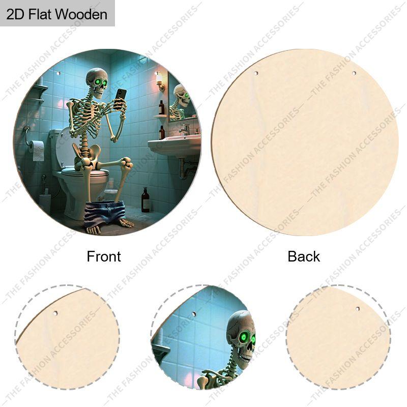 Wooden Hanging Decorative Signs, Halloween Decorations, Bathroom Decorations, 2D Flat Pendants, the Pattern Is a Skeleton Sitting On the Toilet