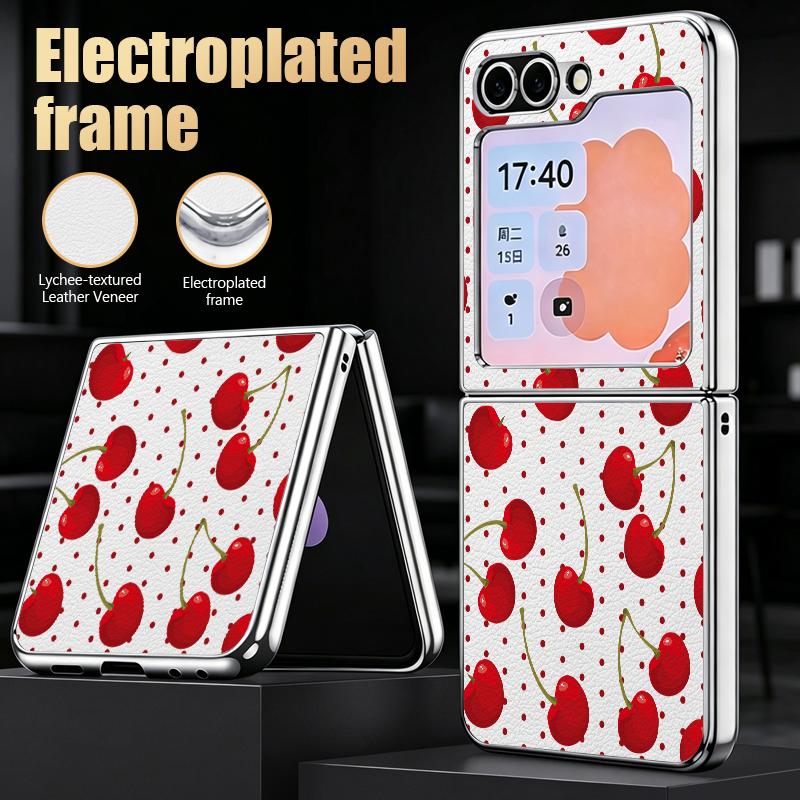 Polka Dot Cherry Print Case For Samsung Z Flip 8 7 6 5 Luxury Plating Leather Skin Folding Phone Cover For Galaxy Z Flip8 Flip7 Flip6