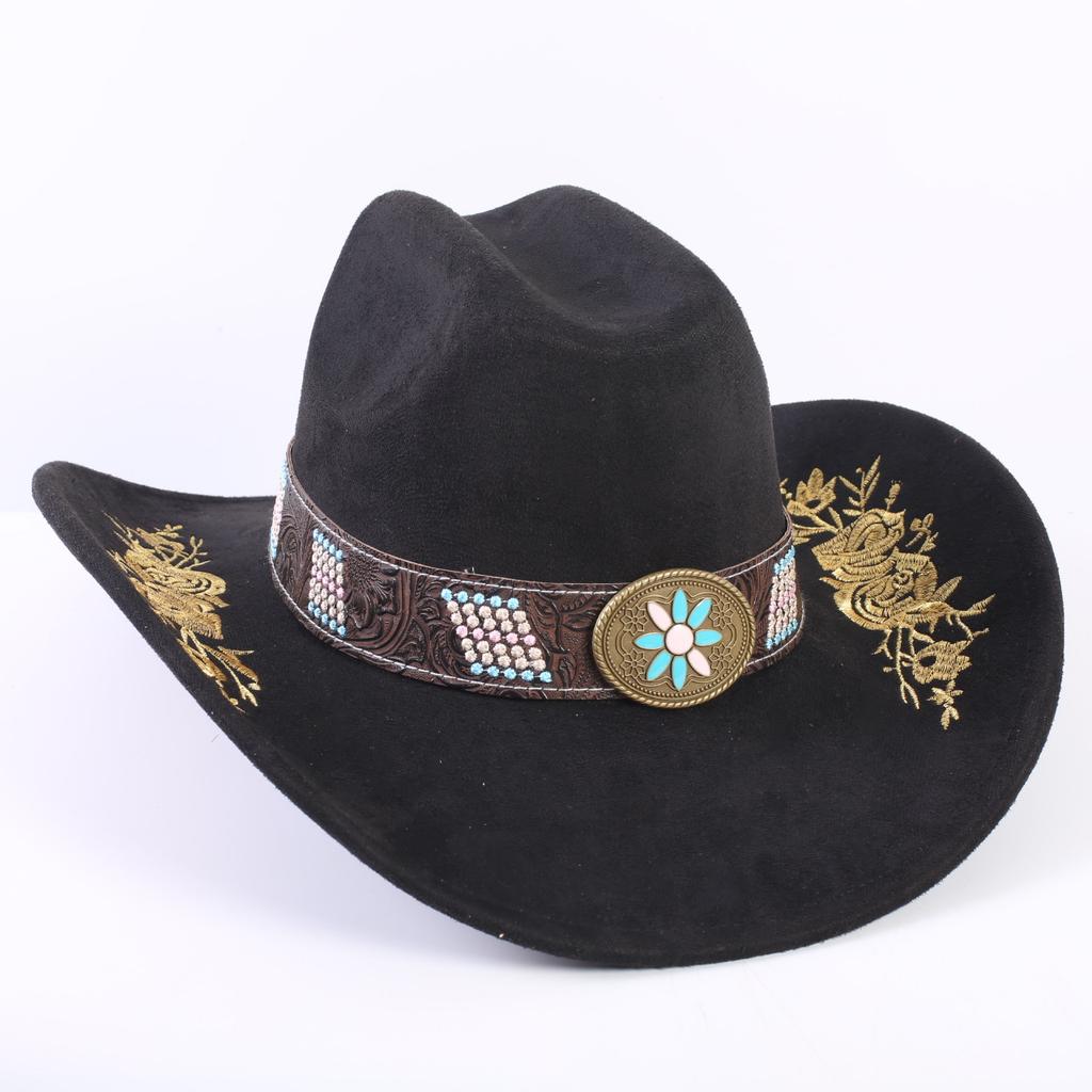 Popular European and American Classic Suede Western Cowboy Hat Men's and Women's Big Brim Embroidered Outdoor Sun Hat