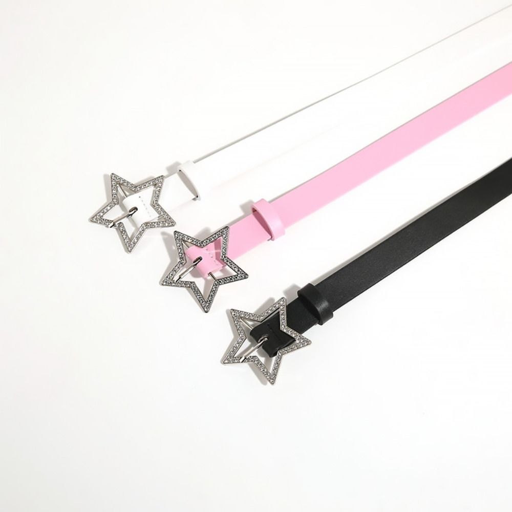 Y2K Leather Belt Rhinestone Pentagram Pin Buckle Thin Waist Strap  For Women Girls