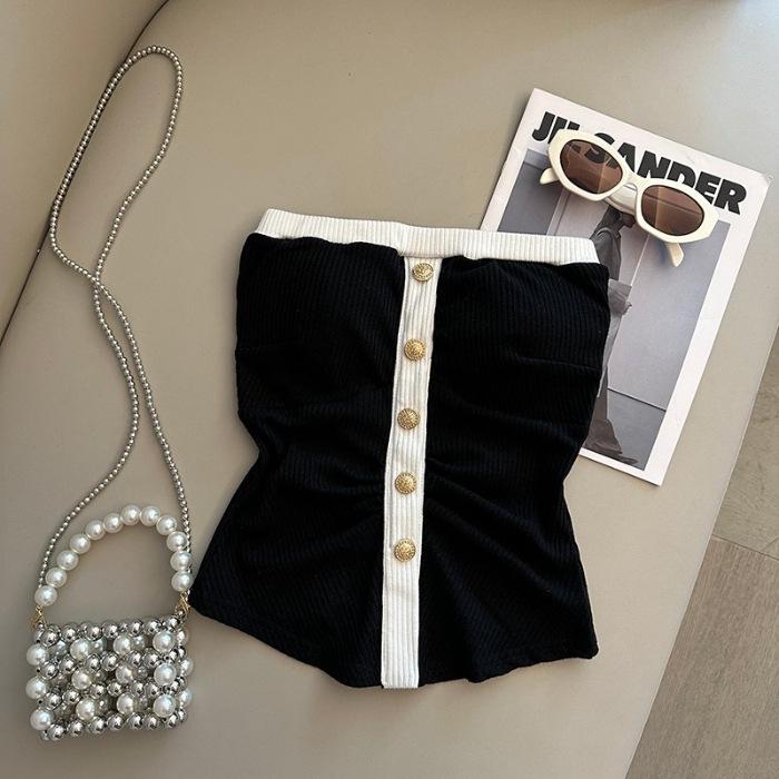 Off-the-Shoulder Dongdaemun Bandeau: Spring/Summer Color-Block Tank with Buttons - Chic Korean Style, Pure Desire.