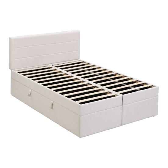 Double Bed Upholstered Bed 200x140cm Bed with Slatted Metal Frame Large Youth Storage Space Can Be Opened On Both Sides Beige Flat