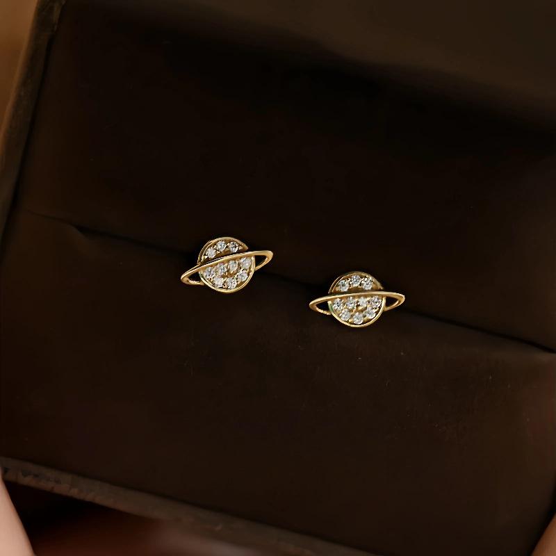 925 Sterling Silver Plated Gold Zircon Planet Earrings for Women Korea Exquisite High Quality Gift Jewelry