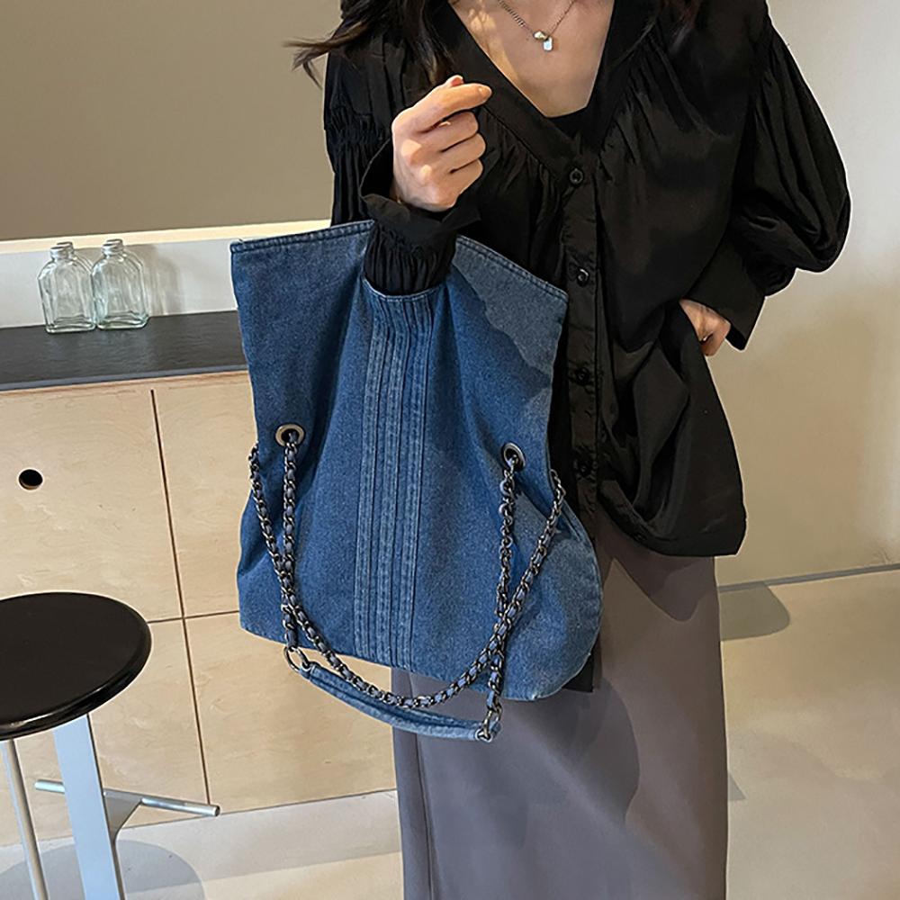 Retro Style Denim Chain Shoulder Bag, Dual-purpose Commuting Crossbody Bag for Women, Large Capacity Fashionable Tote Bag.zwq