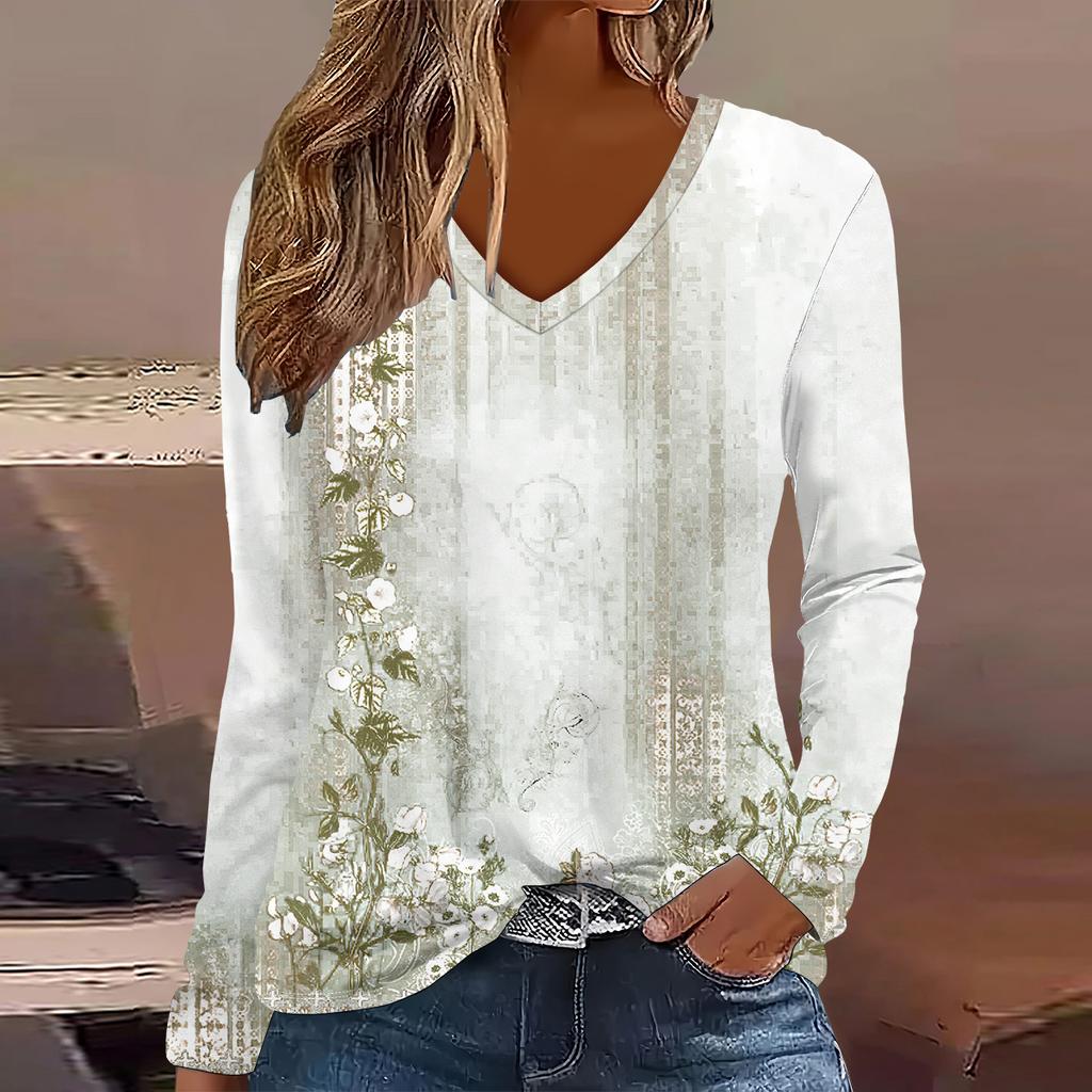 Fashion Flower stripe pattern 3D Print Women V-Neck Long Sleeve T-Shirt Autumn Casual Breathable Women's Clothing Apparel Tops