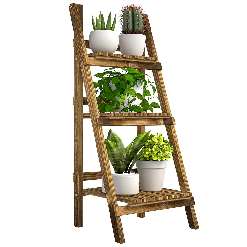 Wooden Folding Flower Pot Stand 3 Tier Garden Planter Display Ladder Gardener Storage Shelves Rack Herb Holder (40L X 37W X 93H Cm)