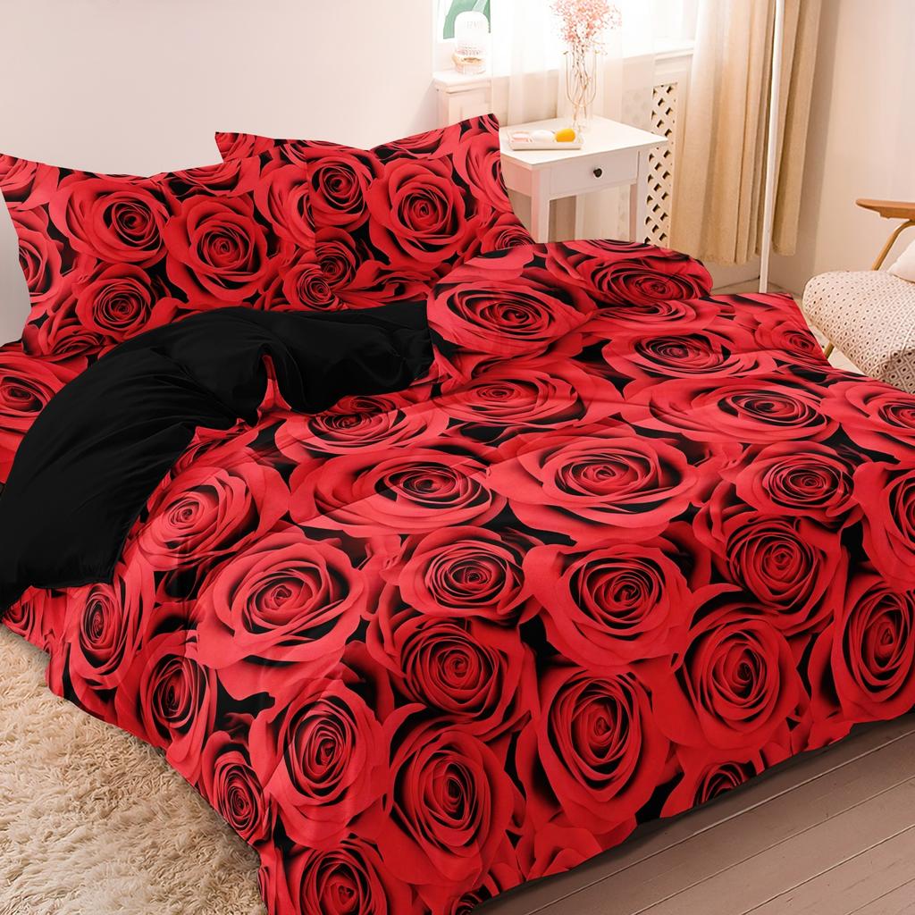 3pcs Valentine'S Day Rose Sea Comforter Cover Set - Vibrant Red Roses Pattern Bedding with Zipper Closure Valentine's Day Gift