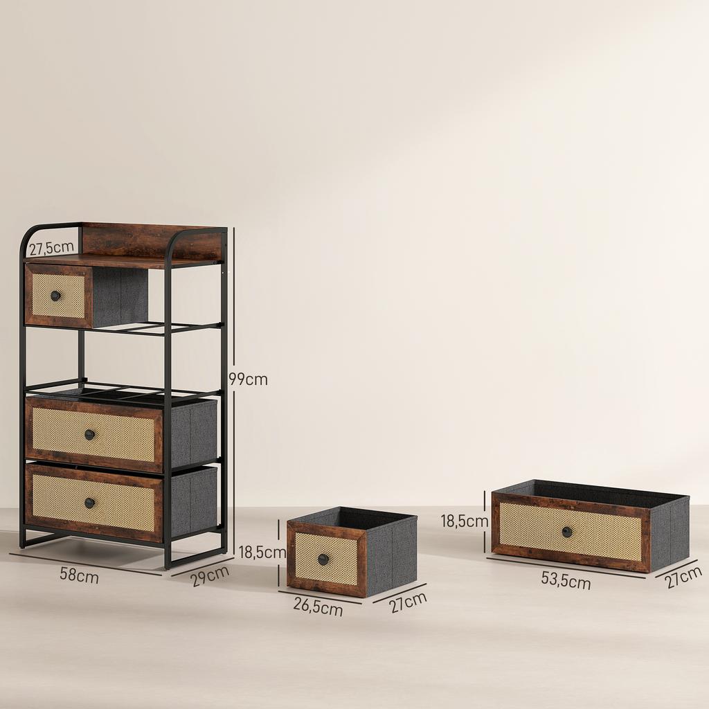 Bedroom Chest of Drawers with 5 Drawers with Rattan Fronts and Steel Frame 58x29x99 Cm Rustic Brown