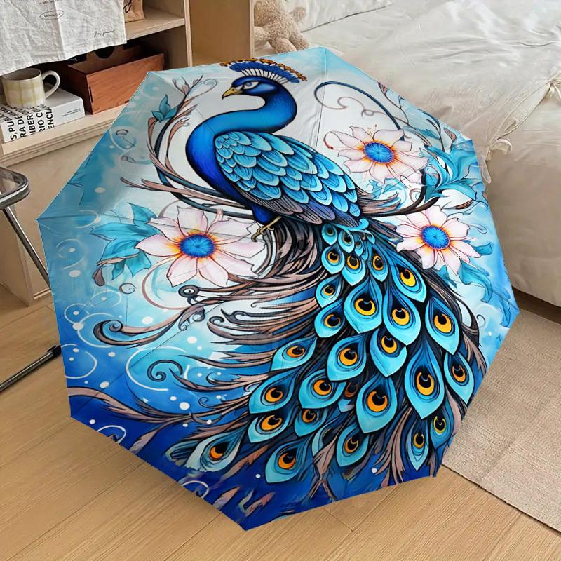 1PC Peacock Flowers Automatic Open/Close Umbrella Compact Folding Umbrella with 8-Rib Shaft lightweight esign, Highquality Fabric1215A