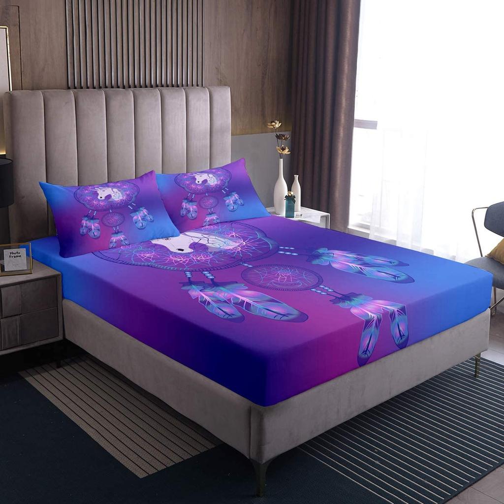 Dreamcatcher Fitted Sheet Boho Mandala Bedding Set with 2 Pillowcases Purple Dream Catcher Bed Sheet Set Bedding Elastic Pocket