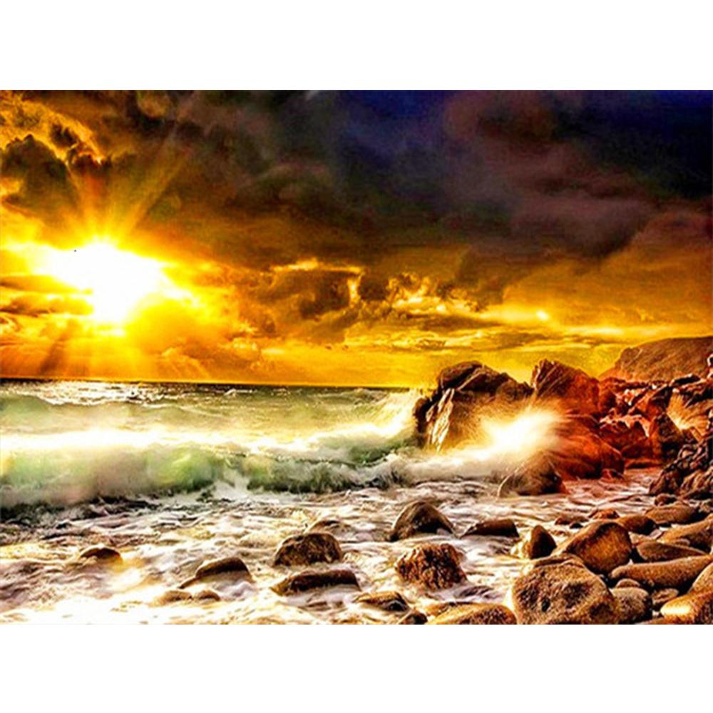 5D Full Square Diamond Painting Seaside Rhinestone Kit Diamond Embroidery Kit Landscape Coconut Tree Handicraft Wall Art