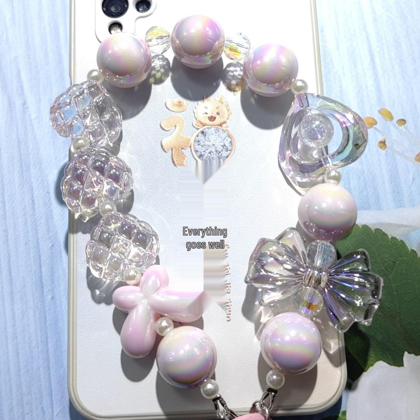 Acrylic Beaded Phone Chain Bracelet with Crystal and Bear Keychain Pendant