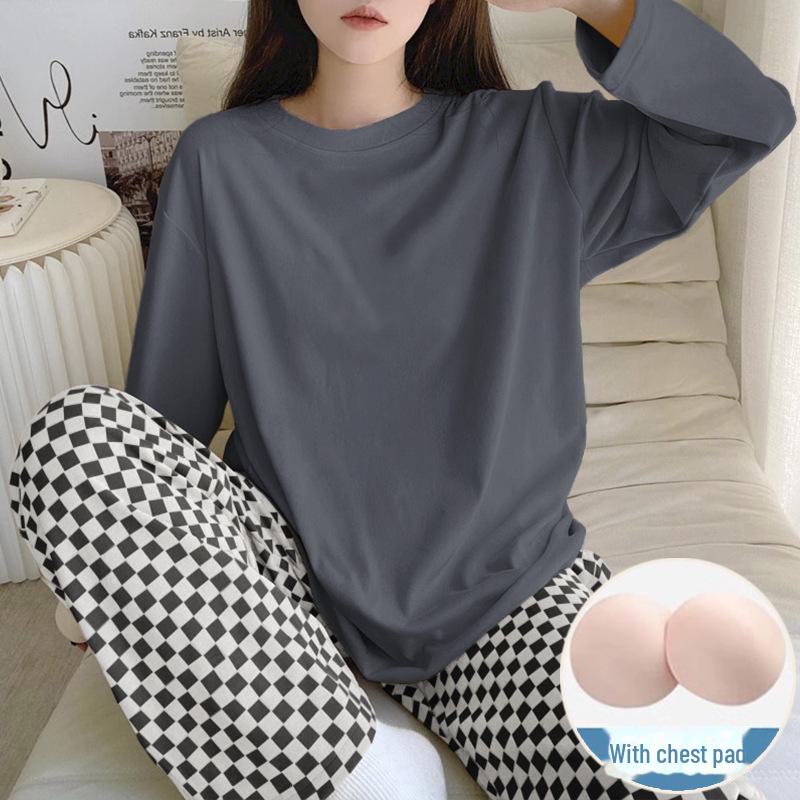 Women's Milk Silk Checkerboard Pajama Set - Round Neck, Long-Sleeve, Self-Contained Breast Pads for Spring and Autumn