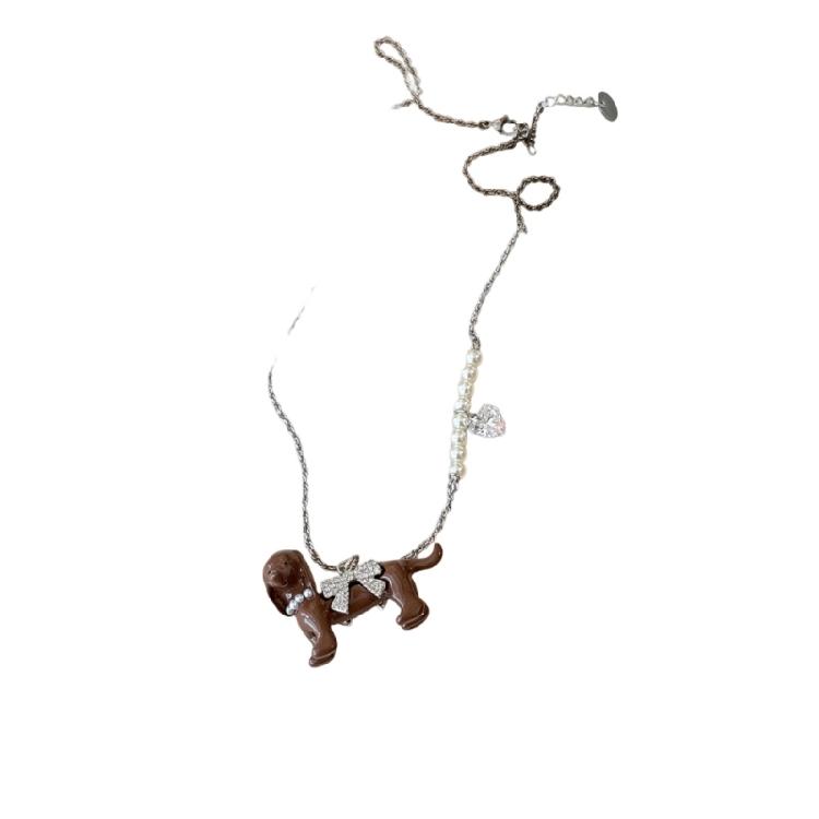 

Elegant Dachshund Inspired Pearls Jewelry Slim Collarbone Necklace Unique Handmade Style Accessory коричневий