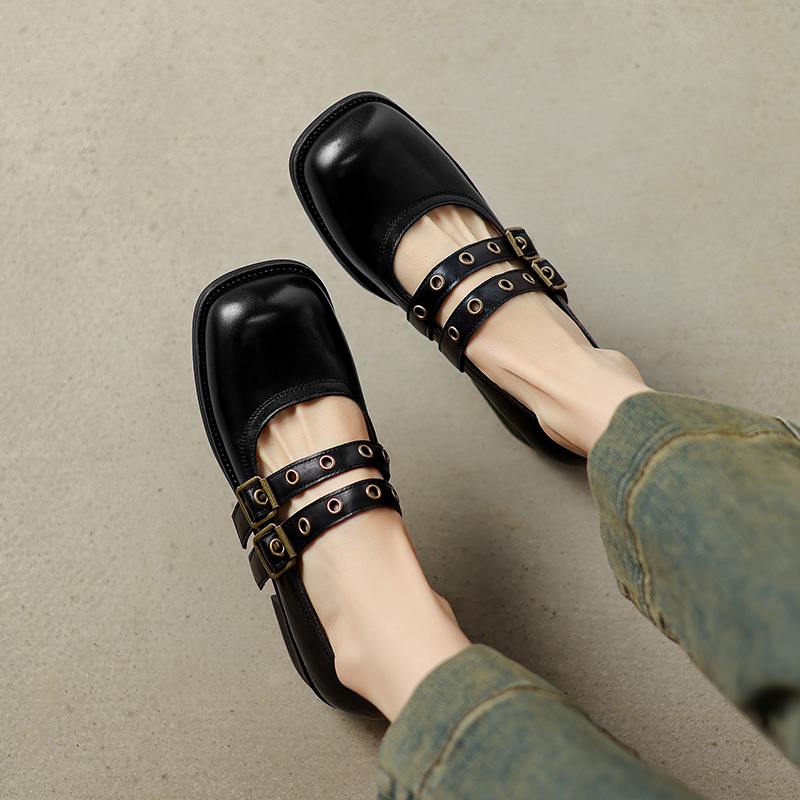 Krazing Pot Cow Skin Spring Summer Size 40 Loafers Thick Med Heels Metal Buckle Women Round Toe Leisure Pumps