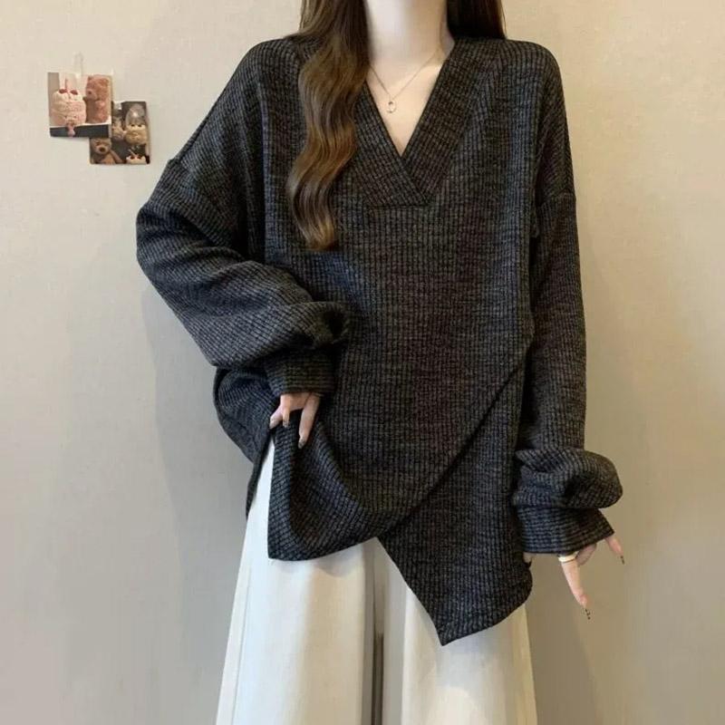 

Свитшот для женщин, хлопковая свободная футболка большого размера с длинным рукавом, флисовая утолщенная удобная круглая горловина, повседневный пуловер, топ, свитшот M чёрный