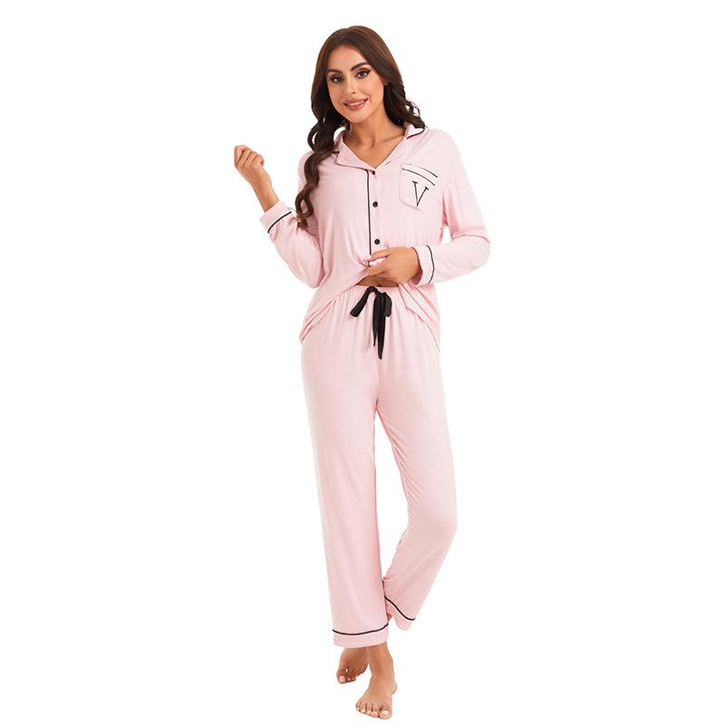 Pajamas Women's Modal Cotton Threaded Loose Double Pocket Homewear Set Long Sleeves Long Pants European and American Style Cardigan