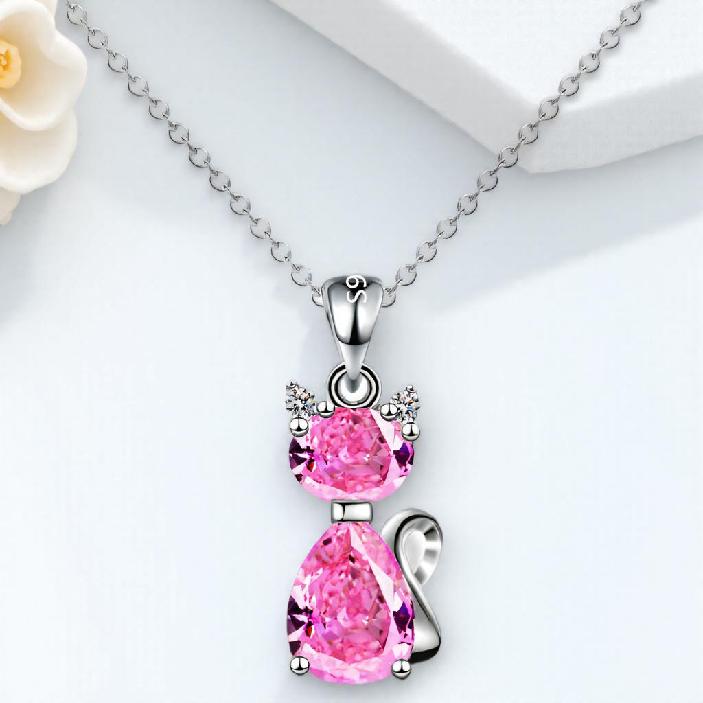 Aqua Blue Pink White Zircon Small Cat Pendant Cute Animal Necklaces For Women Trendy Silver Color Chain Necklace Wedding Jewelry
